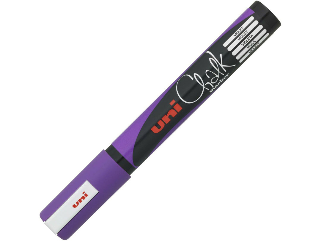 Violet uni ChalkGlass PWE-5M chalk marker shown capped, featuring a black barrel with violet detailing and matching violet cap