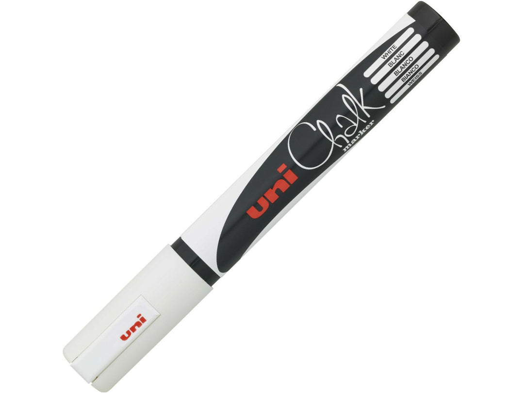 White uni ChalkGlass PWE-5M chalk marker shown capped, featuring a black and white barrel with matching white cap