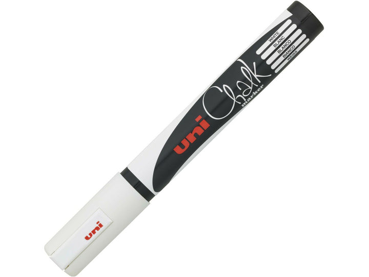 White uni ChalkGlass PWE-5M chalk marker shown capped, featuring a black and white barrel with matching white cap