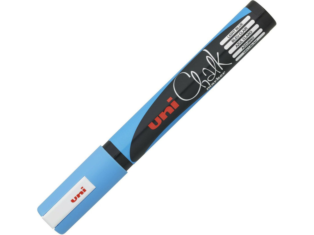 Light Blue uni ChalkGlass PWE-5M chalk marker shown capped, featuring a black barrel with light blue detailing and matching light blue cap