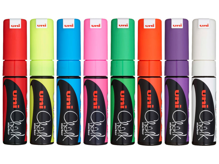 uni ChalkGlass PWE-8K Chalk Markers Wallet of 8 displayed individually in Red, Fluorescent Yellow, Light Blue, Fluorescent Pink, Fluorescent Green, Fluorescent Orange, Violet and White, featuring broad 8mm chisel tips and wipe-clean water-based liquid chalk ink for writing, signage and creative displays on glass, chalkboards and other non-porous surfaces.