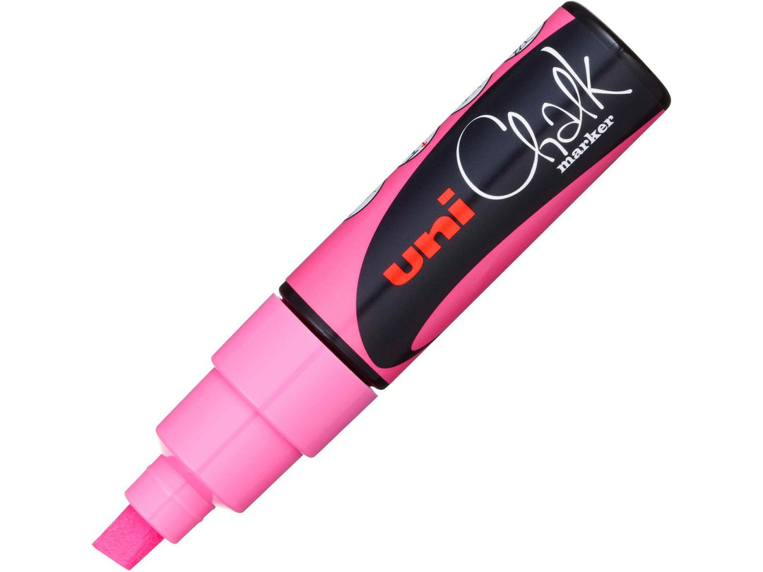 uni ChalkGlass PWE-8K Chalk Marker in Fluorescent Pink with cap removed, featuring a broad 8mm chisel tip and wipe-clean water-based liquid chalk ink for creating bold lettering, menus, window displays, signage and creative artwork on glass, chalkboards and other non-porous surfaces.