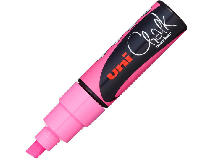 uni ChalkGlass PWE-8K Chalk Marker in Fluorescent Pink with cap removed, featuring a broad 8mm chisel tip and wipe-clean water-based liquid chalk ink for creating bold lettering, menus, window displays, signage and creative artwork on glass, chalkboards and other non-porous surfaces.