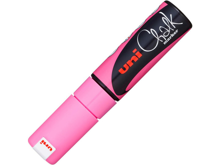 uni ChalkGlass PWE-8K Chalk Marker in Fluorescent Pink with cap fitted, featuring a broad 8mm chisel tip and wipe-clean water-based liquid chalk ink for creating bold lettering, menus, window displays, signage and creative artwork on glass, chalkboards and other non-porous surfaces.