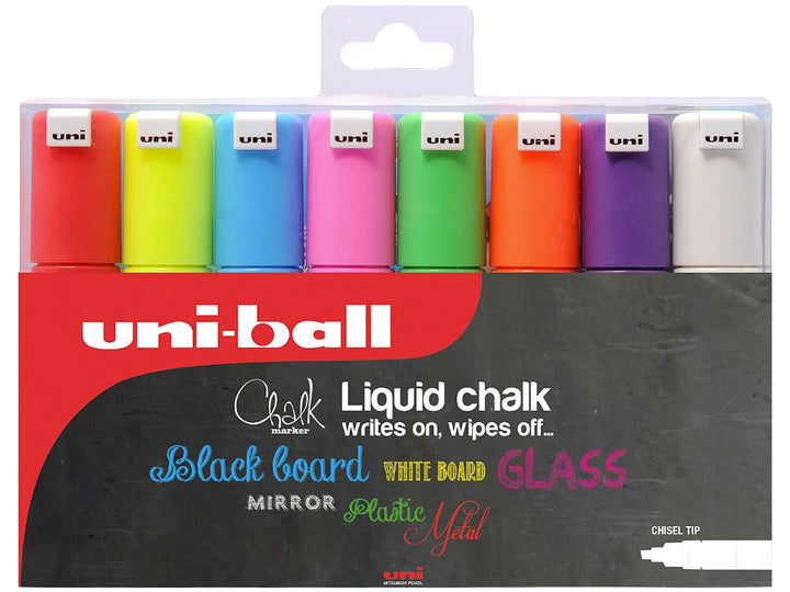 Front of uni ChalkGlass PWE-8K Chalk Markers Wallet of 8 showing eight chisel tip liquid chalk markers in Red, Fluorescent Yellow, Light Blue, Fluorescent Pink, Fluorescent Green, Fluorescent Orange, Violet and White, featuring wipe-clean water-based paint ink for use on chalkboards, whiteboards, glass, mirrors, plastic and metal surfaces.