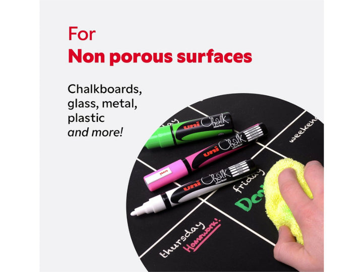 Multi-surface use guide for uni ChalkGlass PWE-8K Chalk Markers, showing wipe-clean liquid chalk writing on a weekly planner board and highlighting suitability for non-porous surfaces including chalkboards, glass, metal and plastic, with fluorescent and white marker colours demonstrated for signage, displays and creative applications.
