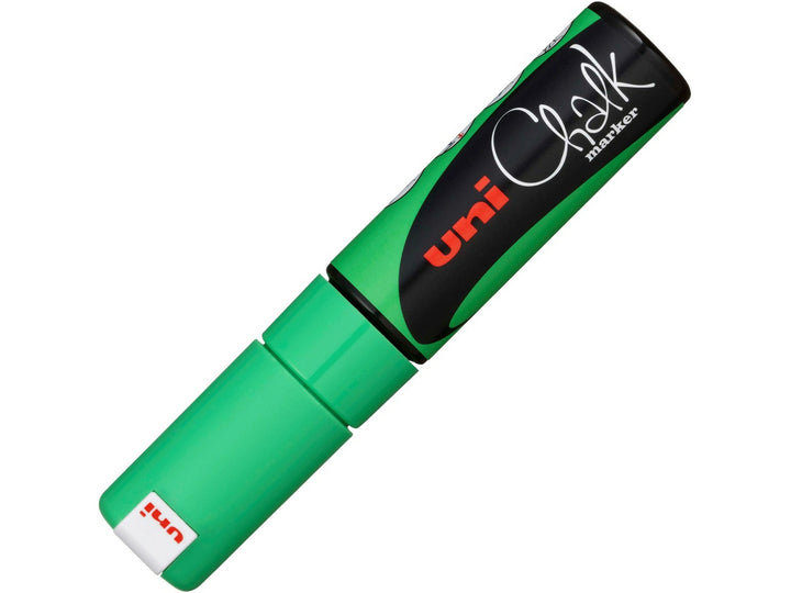 uni ChalkGlass PWE-8K Chalk Marker in Fluorescent Green with cap fitted, featuring a broad 8mm chisel tip and wipe-clean water-based liquid chalk ink for creating bold lettering, menus, window displays, signage and creative artwork on glass, chalkboards and other non-porous surfaces.
