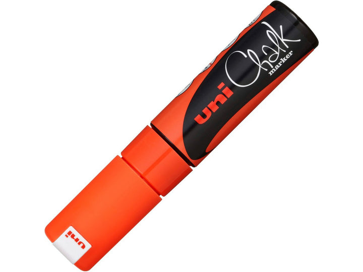 uni ChalkGlass PWE-8K Chalk Marker in Fluorescent Orange with cap fitted, featuring a broad 8mm chisel tip and wipe-clean water-based liquid chalk ink for creating bold lettering, menus, window displays, signage and creative artwork on glass, chalkboards and other non-porous surfaces.