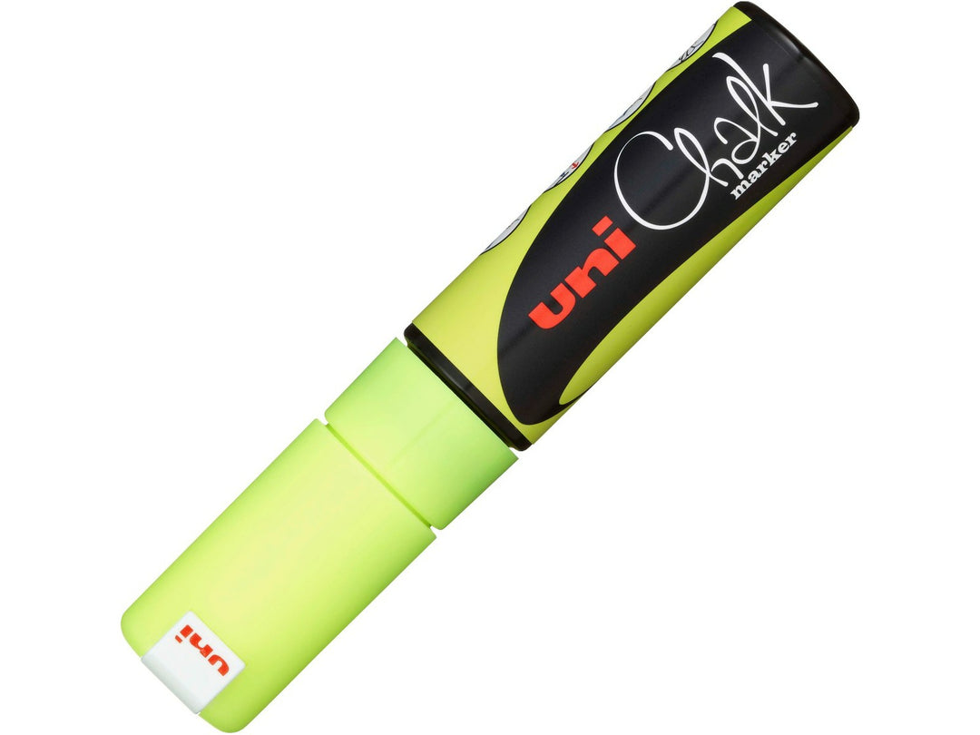 uni ChalkGlass PWE-8K Chalk Marker in Fluorescent Yellow with cap fitted, featuring a broad 8mm chisel tip and wipe-clean water-based liquid chalk ink for creating bold lettering, menus, window displays, signage and creative artwork on glass, chalkboards and other non-porous surfaces.