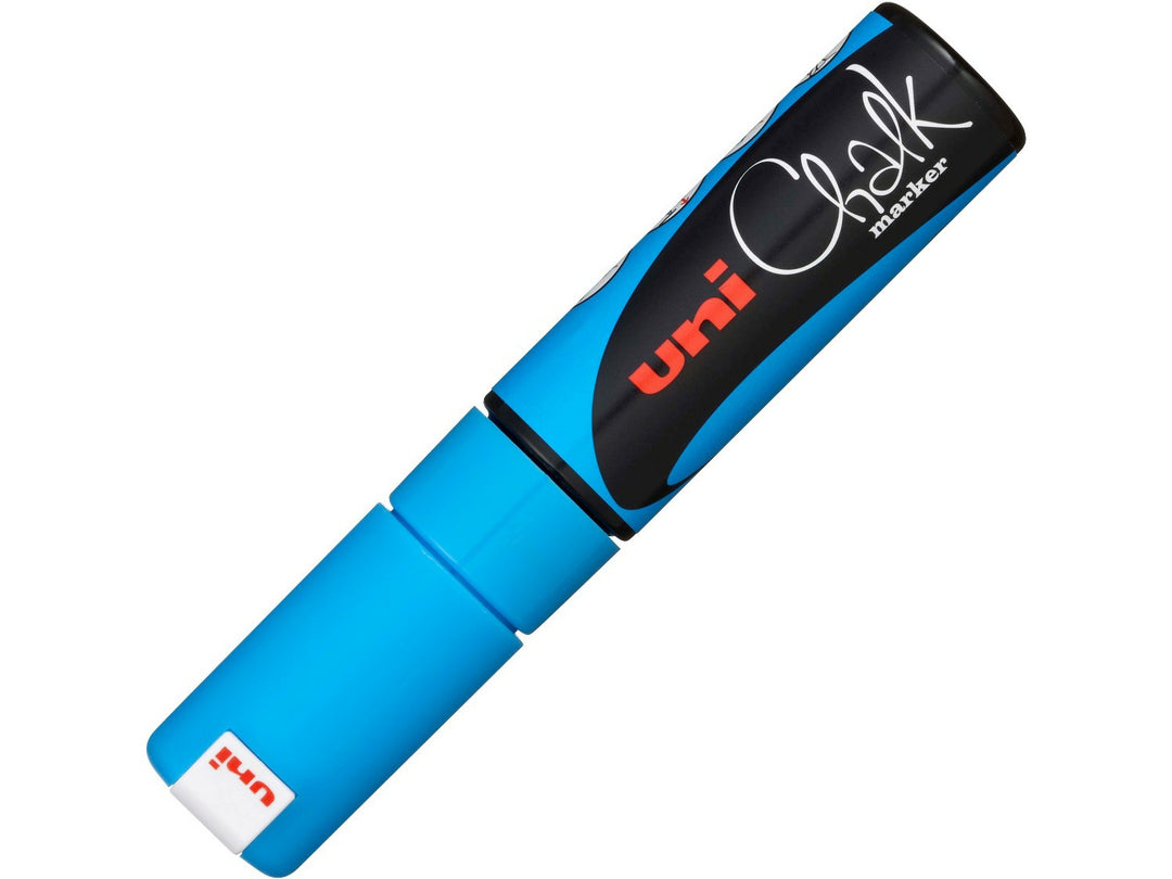 uni ChalkGlass PWE-8K Chalk Marker in Light Blue with cap fitted, featuring a broad 8mm chisel tip and wipe-clean water-based liquid chalk ink for creating bold lettering, menus, window displays, signage and creative artwork on glass, chalkboards and other non-porous surfaces.