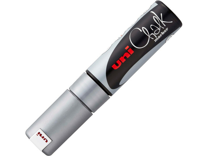 uni ChalkGlass PWE-8K Chalk Marker in Silver with cap fitted, featuring a broad 8mm chisel tip and wipe-clean water-based liquid chalk ink for creating bold lettering, menus, window displays, signage and creative artwork on glass, chalkboards and other non-porous surfaces.