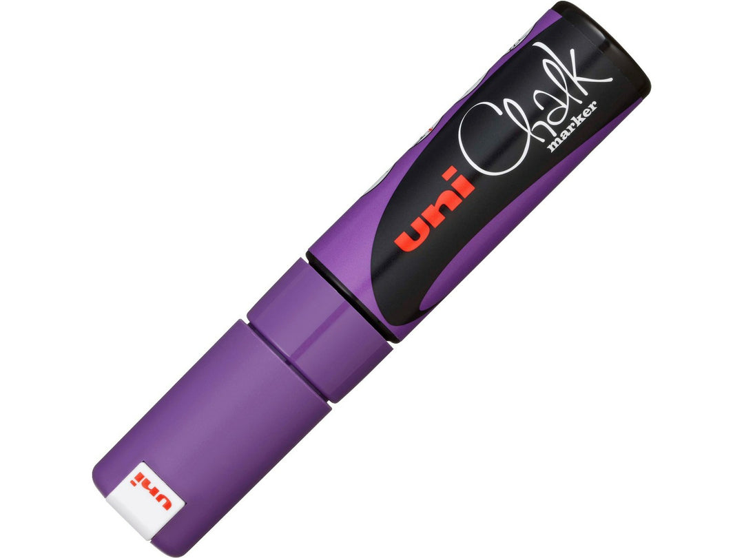 uni ChalkGlass PWE-8K Chalk Marker in Violet with cap fitted, featuring a broad 8mm chisel tip and wipe-clean water-based liquid chalk ink for creating bold lettering, menus, window displays, signage and creative artwork on glass, chalkboards and other non-porous surfaces.