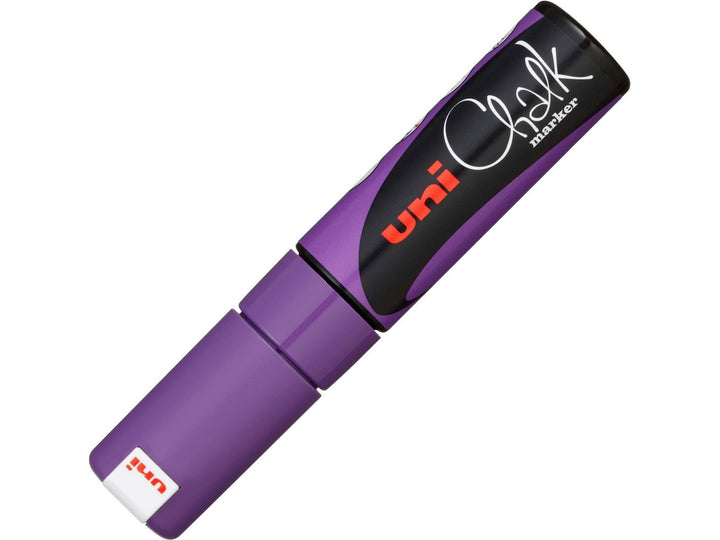 uni ChalkGlass PWE-8K Chalk Marker in Violet with cap fitted, featuring a broad 8mm chisel tip and wipe-clean water-based liquid chalk ink for creating bold lettering, menus, window displays, signage and creative artwork on glass, chalkboards and other non-porous surfaces.