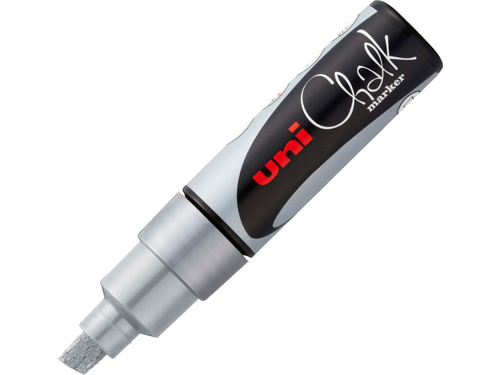 uni ChalkGlass PWE-8K Chalk Marker in Silver with cap removed, featuring a broad 8mm chisel tip and wipe-clean water-based liquid chalk ink for creating bold lettering, menus, window displays, signage and creative artwork on glass, chalkboards and other non-porous surfaces.