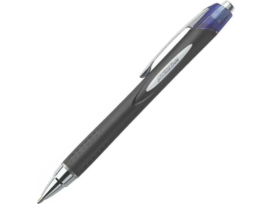 Blue uni Jetstream RT SXN-210 retractable rollerball pen displayed diagonally on a white background, featuring a comfortable rubber grip, pocket clip and smooth Jetstream ink technology