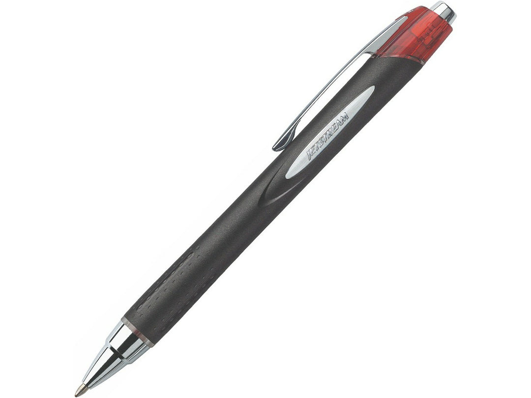 Red uni Jetstream RT SXN-210 retractable rollerball pen displayed diagonally on a white background, featuring a comfortable rubber grip, pocket clip and smooth Jetstream ink technology
