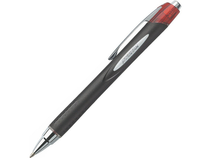 Red uni Jetstream RT SXN-210 retractable rollerball pen displayed diagonally on a white background, featuring a comfortable rubber grip, pocket clip and smooth Jetstream ink technology
