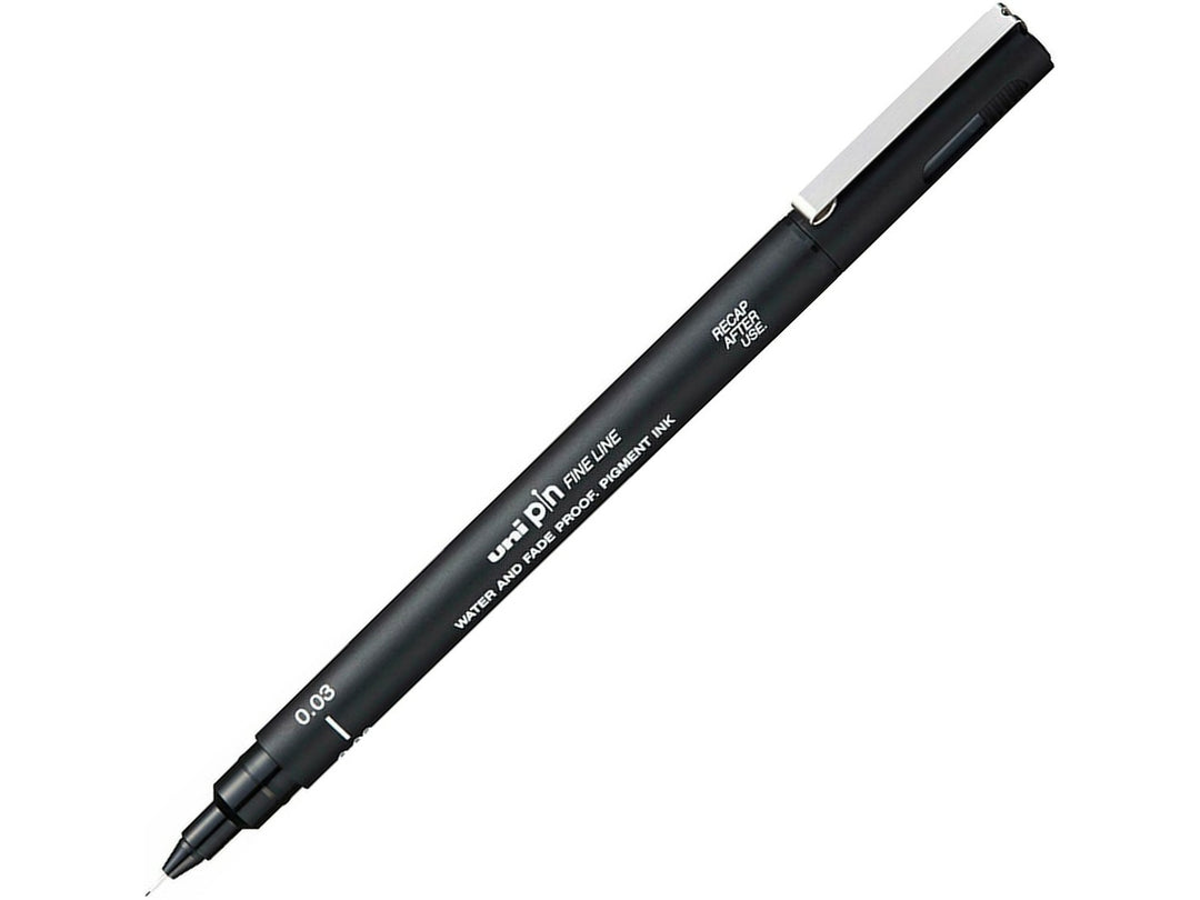 uni PIN Black fineliner drawing pen with an ultra-fine 0.03mm tip, shown diagonally on a white background and featuring fade-resistant, water-resistant pigment ink for intricate detailing, stippling and technical drawing