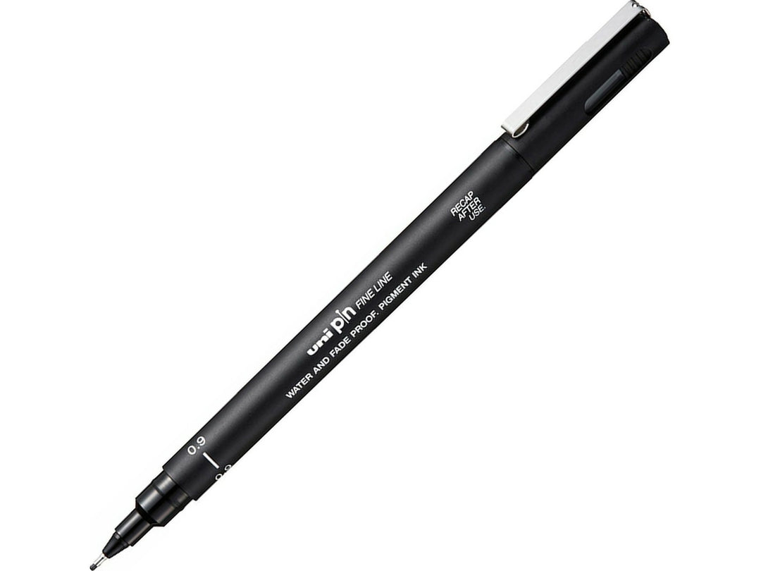 uni PIN Black fineliner drawing pen with a 0.9mm tip, shown diagonally on a white background and featuring fade-resistant, water-resistant pigment ink for illustration, sketching and bold line work