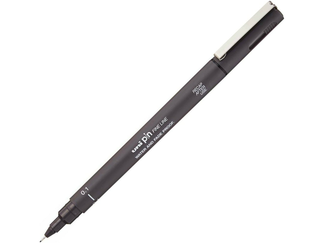 uni PIN Dark Grey fineliner drawing pen with a 0.1mm ultra-fine tip, shown diagonally on a white background and featuring archival-quality dark grey pigment ink for detailed illustration, technical drawing and precise line work