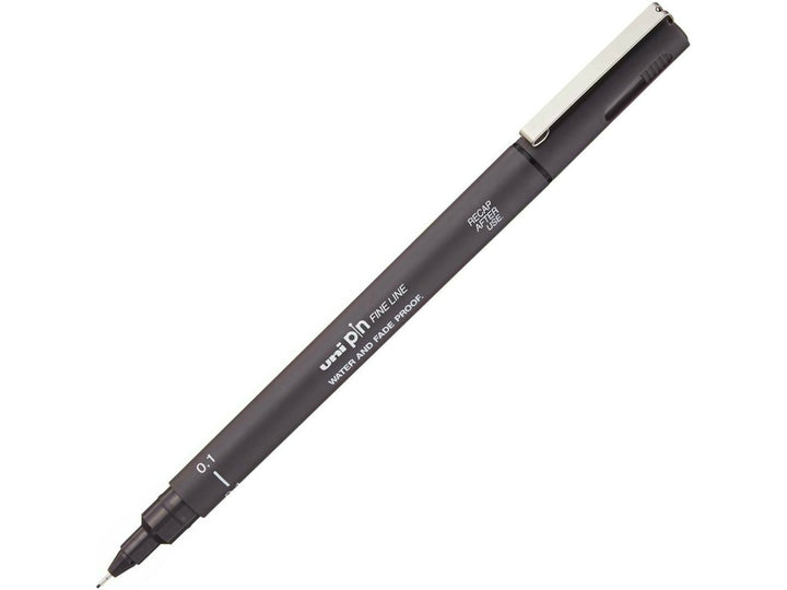 uni PIN Dark Grey fineliner drawing pen with a 0.1mm ultra-fine tip, shown diagonally on a white background and featuring archival-quality dark grey pigment ink for detailed illustration, technical drawing and precise line work
