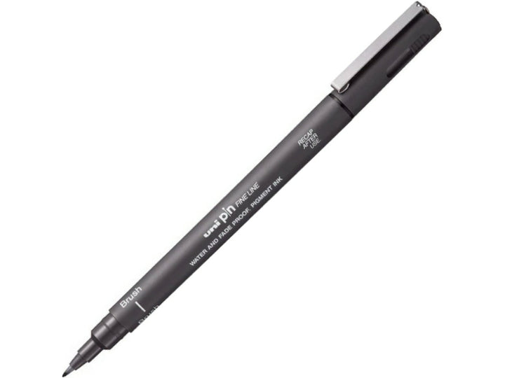 uni PIN Dark Grey brush pen shown diagonally on a white background, featuring a flexible brush tip and archival-quality dark grey pigment ink for sketching, illustration, hand lettering and expressive artwork