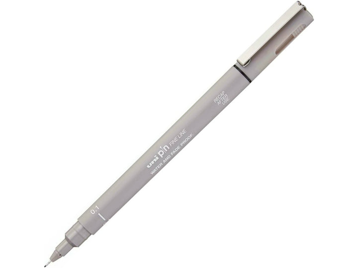 uni PIN Light Grey fineliner drawing pen with a 0.1mm ultra-fine tip, shown diagonally on a white background and featuring archival-quality light grey pigment ink for detailed illustration, technical drawing and precise line work