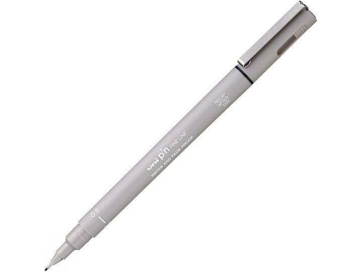 uni PIN Light Grey fineliner drawing pen with a 0.5mm tip, shown diagonally on a white background and featuring archival-quality light grey pigment ink for sketching, illustration and creative artwork