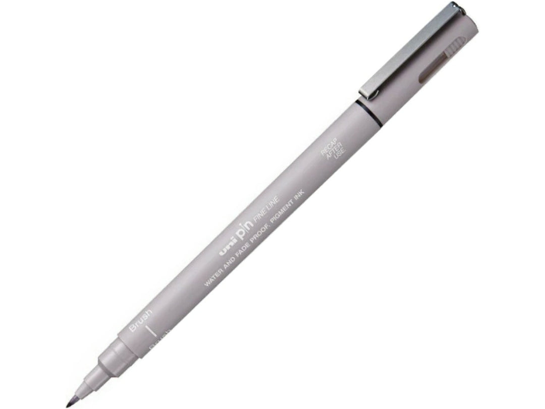 uni PIN Light Grey brush pen shown diagonally on a white background, featuring a flexible brush tip and archival-quality light grey pigment ink for sketching, illustration, hand lettering and expressive artwork