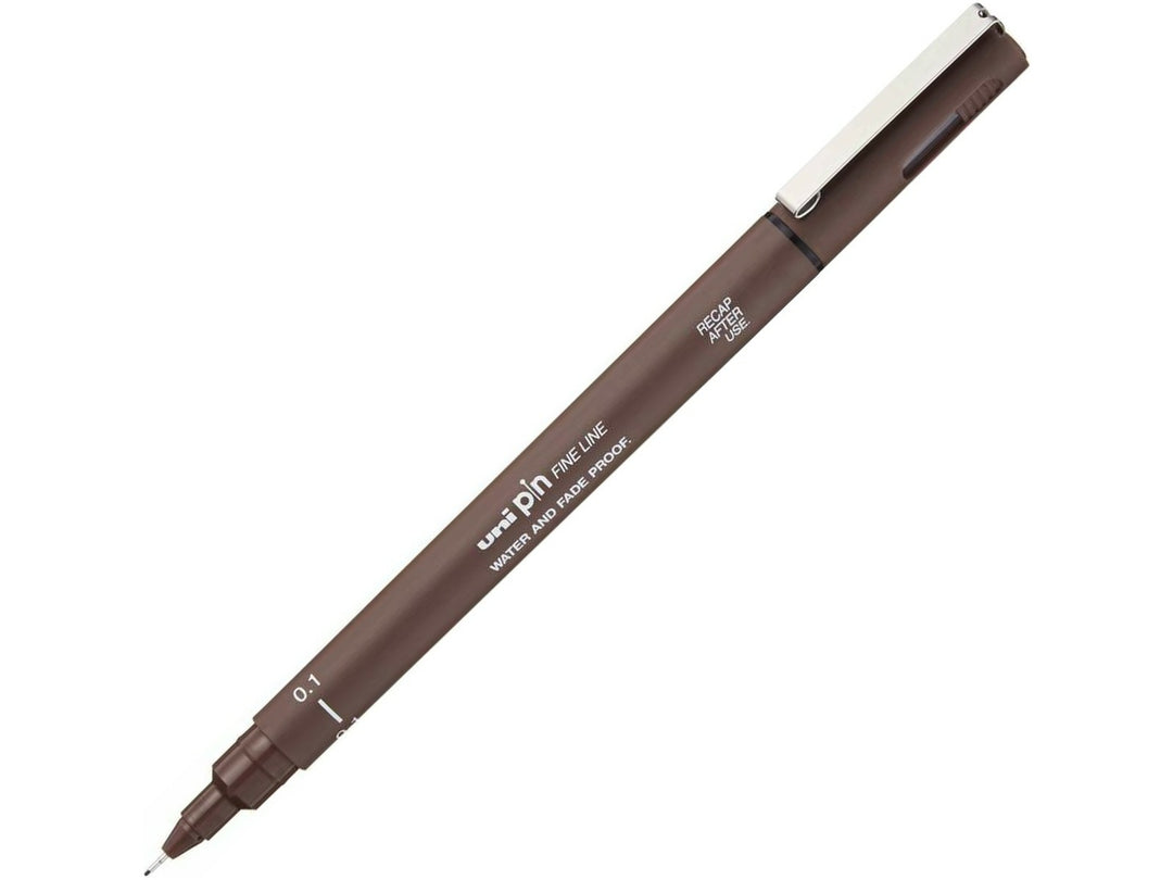 uni PIN Sepia fineliner drawing pen with a 0.1mm ultra-fine tip, shown diagonally on a white background and featuring archival-quality sepia pigment ink for detailed illustration, technical drawing and precise line work