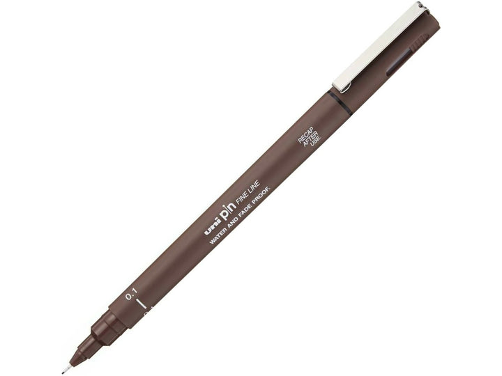 uni PIN Sepia fineliner drawing pen with a 0.1mm ultra-fine tip, shown diagonally on a white background and featuring archival-quality sepia pigment ink for detailed illustration, technical drawing and precise line work