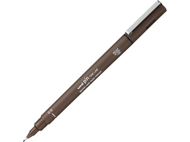 uni PIN Sepia fineliner drawing pen with a 0.5mm tip, shown diagonally on a white background and featuring archival-quality sepia pigment ink for sketching, illustration and creative artwork