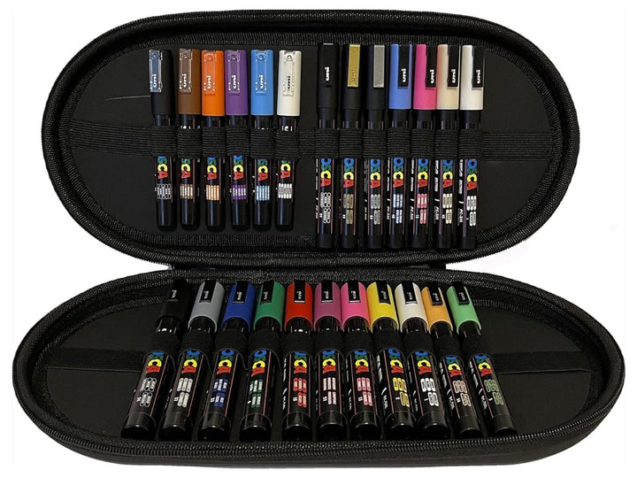 Front-open uni POSCA Paint Marker Case Set of 24 displayed in a premium zippered storage case, showing PC-1M extra fine, PC-3M fine and PC-5M medium paint markers in assorted colours including black, blue, red, green, white, yellow, gold, silver and metallic shades, featuring opaque water-based pigment paint for illustration, lettering, colouring and creative projects on multiple surfaces.