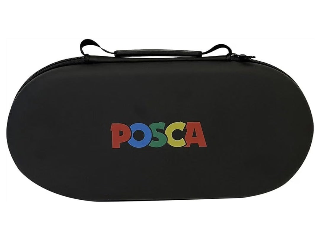 Closed uni POSCA Paint Marker Case Set of 24 featuring a durable black zippered storage case with carry handle and multi-colour POSCA logo, designed to organise and transport PC-1M, PC-3M and PC-5M paint markers for artwork, illustration, hand lettering and creative projects.