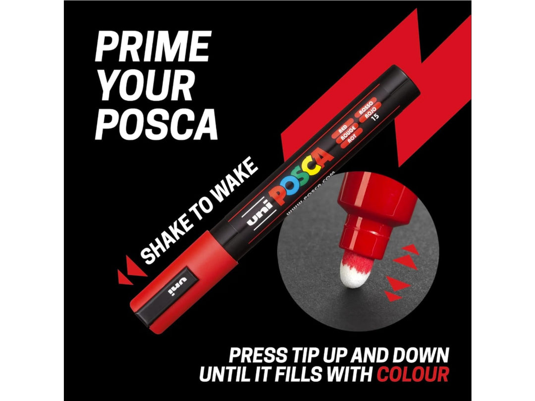 POSCA marker priming instructions graphic showing a POSCA paint marker and fibre tip, demonstrating how to activate the water-based pigment paint by shaking the marker and repeatedly pressing the tip until it fills with colour, preparing the marker for smooth, opaque writing and drawing performance.