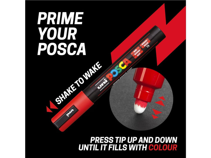 POSCA marker priming instructions graphic showing a POSCA paint marker and fibre tip, demonstrating how to activate the water-based pigment paint by shaking the marker and repeatedly pressing the tip until it fills with colour, preparing the marker for smooth, opaque writing and drawing performance.