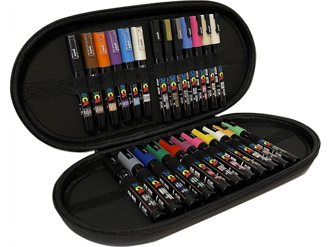 Front-open uni POSCA Paint Marker Case Set of 24 showing a premium zippered storage case containing twenty-four POSCA paint markers in assorted colours and tip sizes, including PC-1M extra fine, PC-3M fine and PC-5M medium markers with water-based pigment paint for illustration, hand lettering, colouring, detailing and creative projects on multiple surfaces.