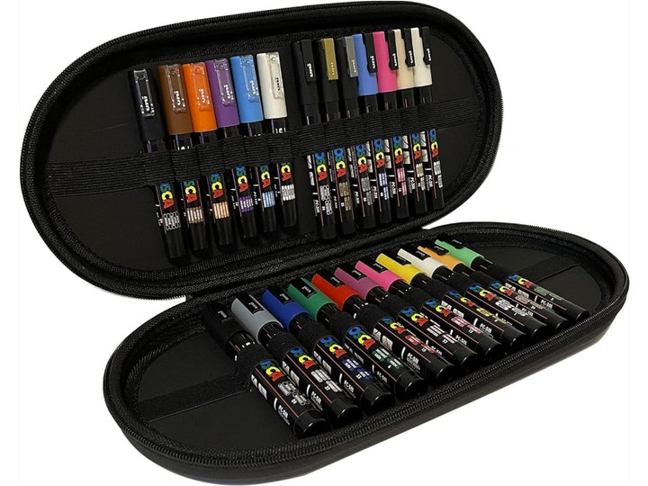 Front-open uni POSCA Paint Marker Case Set of 24 showing a premium zippered storage case containing twenty-four POSCA paint markers in assorted colours and tip sizes, including PC-1M extra fine, PC-3M fine and PC-5M medium markers with water-based pigment paint for illustration, hand lettering, colouring, detailing and creative projects on multiple surfaces.