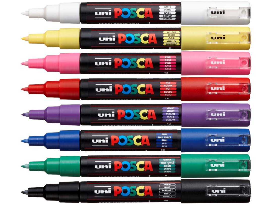 uni POSCA PC-1M Extra-Fine Paint Markers Assorted Set of 8 with caps removed showing all colours