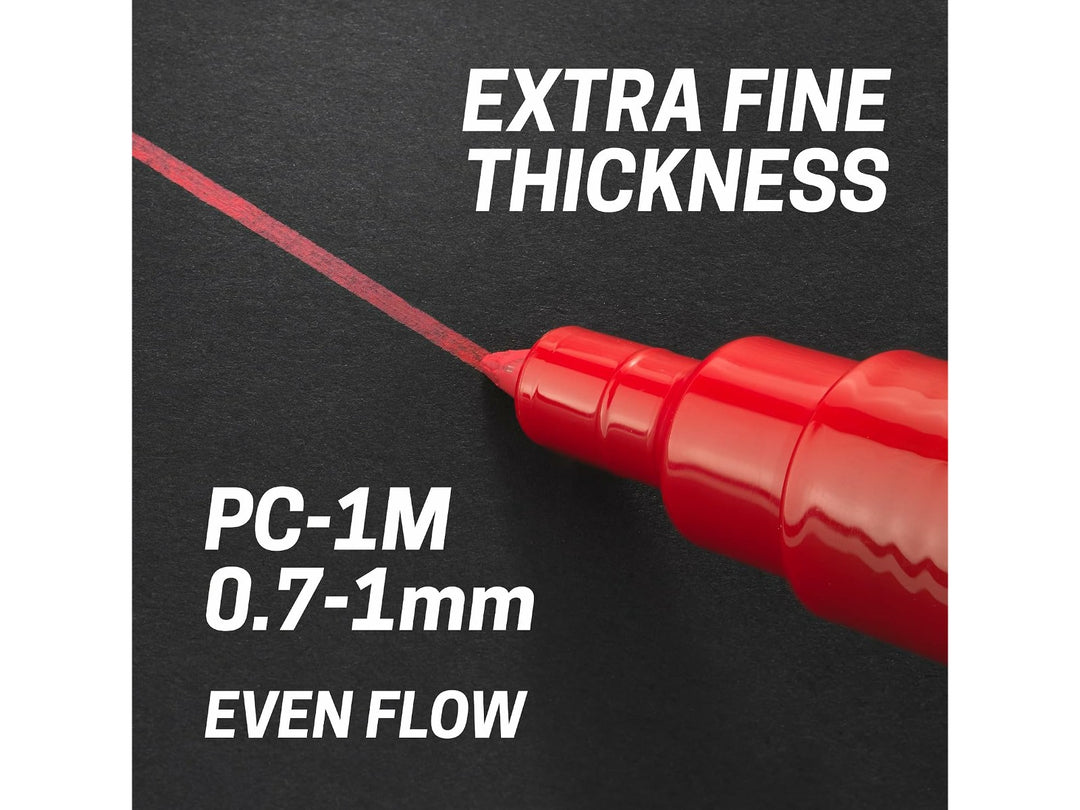 uni POSCA PC-1M 0.7–1mm extra-fine tip drawing an even red line