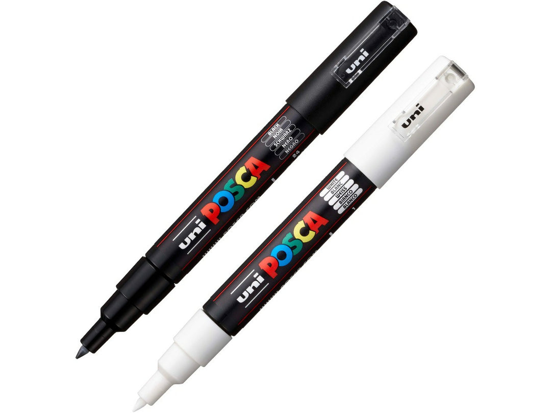 uni POSCA PC-1M Paint Markers Set of 2 including Black and White water-based pigment paint markers with extra fine 0.7mm tips