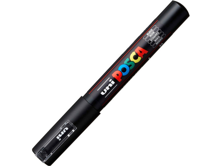 uni POSCA PC-1M Paint Marker in Black with cap fitted, featuring an extra fine 0.7mm bullet tip, opaque water-based pigment paint, quick-drying matt finish and precision marking performance for illustration, outlining, hand lettering, card making, model detailing and creative projects on paper, wood, metal, glass, plastic, fabric and stone surfaces.