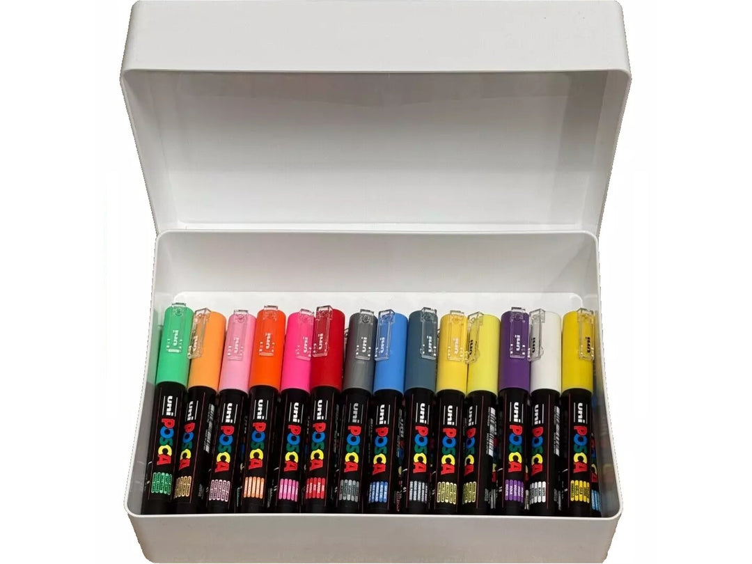 Open white storage box containing the uni POSCA PC-1M Extra Fine Paint Markers Set of 28, displaying assorted colours including green, orange, pink, red, blue, yellow, violet, white and metallic shades, featuring ultra-fine 0.7mm tips and water-based pigment paint for illustration, hand lettering, outlining, card making, model detailing and creative projects on multiple surfaces.