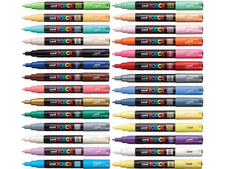 uni POSCA PC-1M Extra Fine Paint Markers Set of 28 displayed individually in assorted colours including Black, White, Blue, Light Blue, Red, Orange, Yellow, Green, Pink, Violet, Brown, Gold, Silver and metallic shades, featuring ultra-fine 0.7mm tips and opaque water-based pigment paint for illustration, outlining, hand lettering, card making, model detailing and creative projects on multiple surfaces.