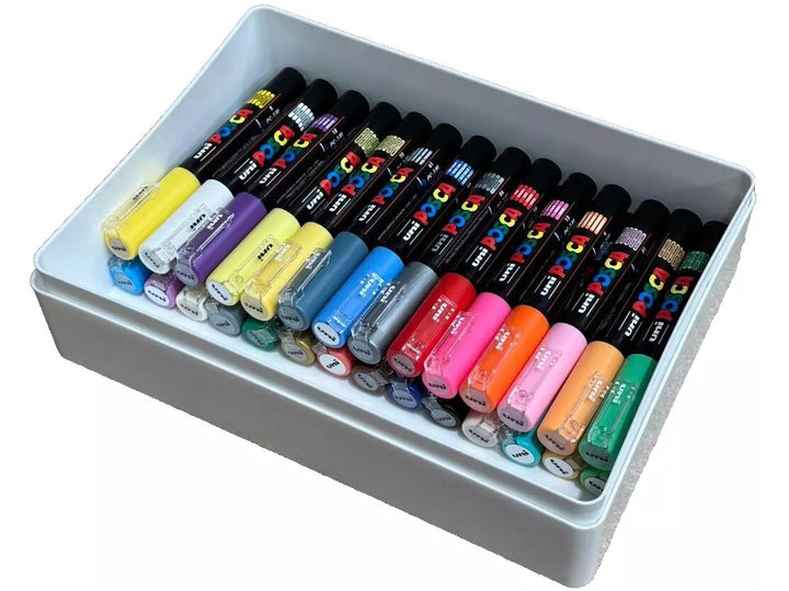 uni POSCA PC-1M Extra Fine Paint Markers Set of 28 displayed in a white storage box, featuring twenty-eight assorted extra fine paint markers with 0.7mm tips and water-based pigment paint in classic, pastel and metallic colours, designed for detailed illustration, hand lettering, outlining, model painting, craft projects and creative work on multiple surfaces.