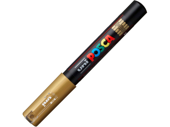 uni POSCA PC-1M gold water-based paint marker shown diagonally with cap fitted, featuring metallic pigment ink for lettering, illustration and creative projects