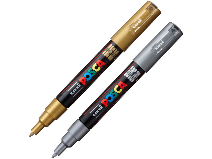 uni POSCA PC-1M Paint Markers Set of 2 including Gold and Silver metallic water-based pigment paint markers with extra fine 0.7mm tips