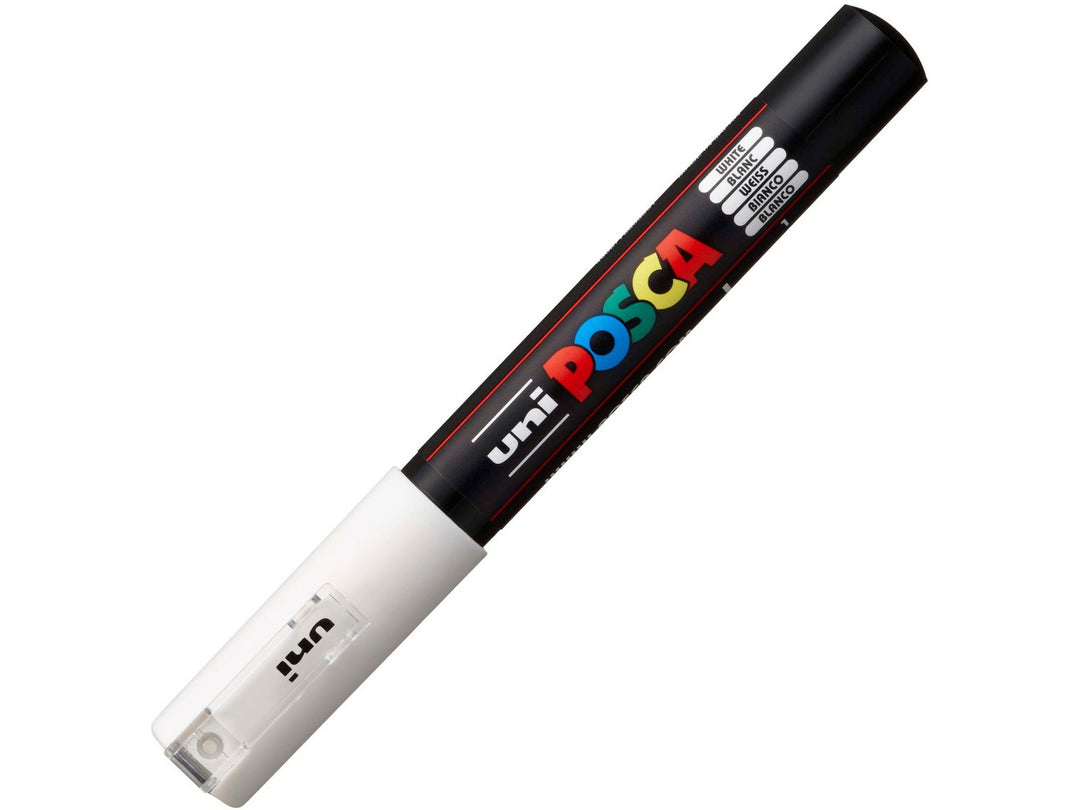 uni POSCA PC-1M white paint marker shown with cap fitted, featuring an extra fine 0.7mm bullet tip for detailed artwork, hand lettering and craft projects