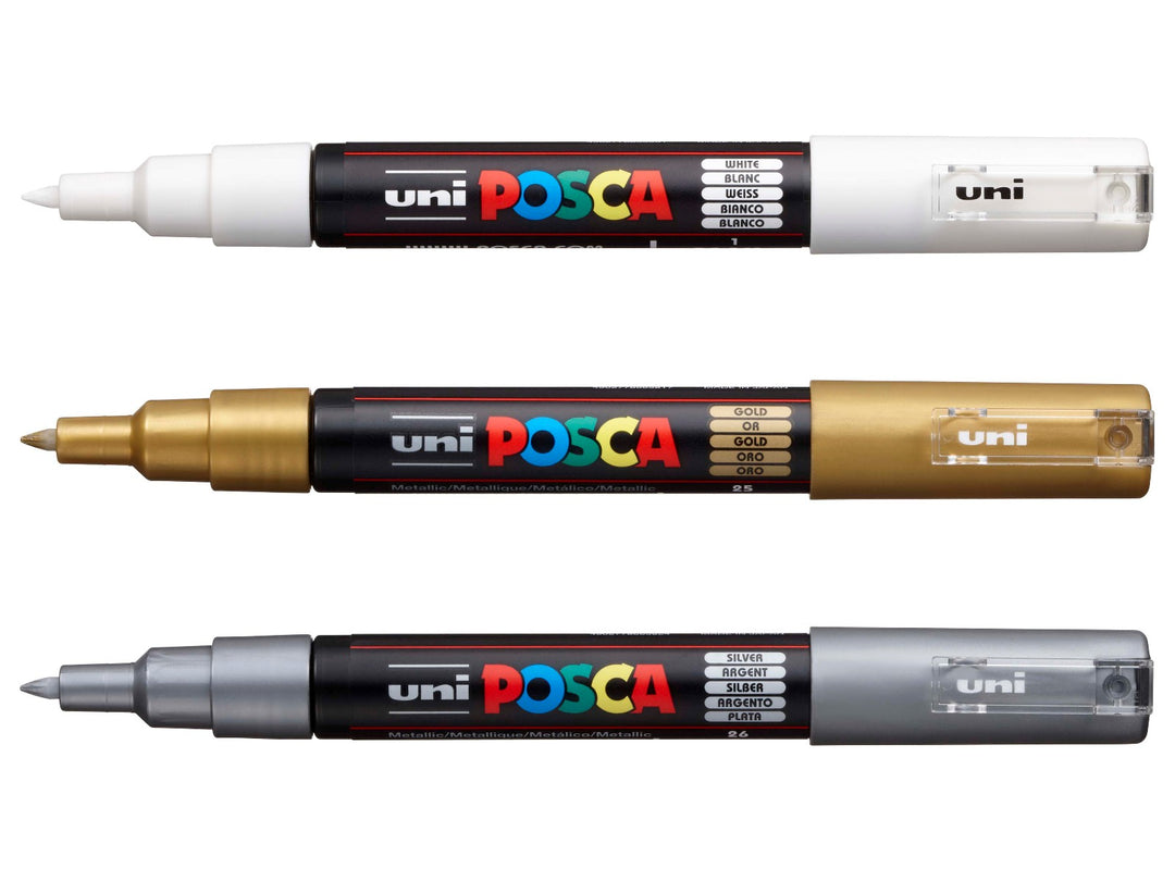 uni POSCA PC-1M Paint Markers Set of 3 including White, Gold and Silver water-based pigment paint markers with extra fine 0.7mm tips
