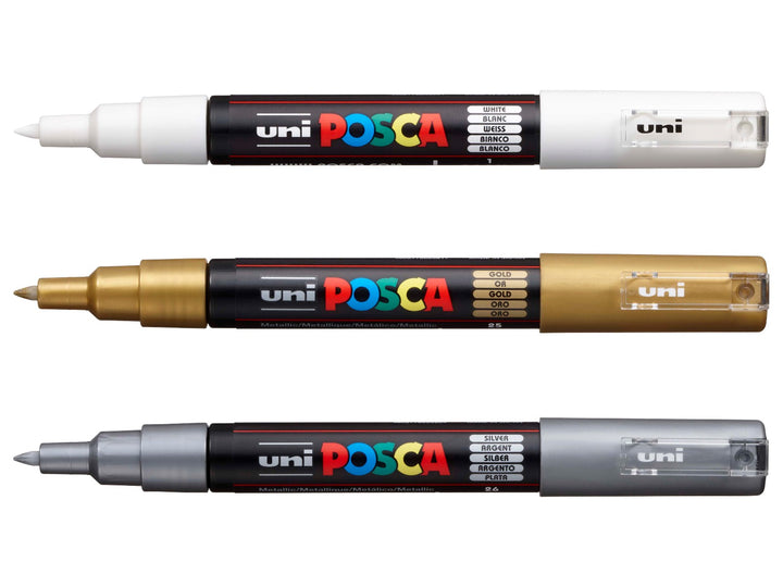 uni POSCA PC-1M Paint Markers Set of 3 including White, Gold and Silver water-based pigment paint markers with extra fine 0.7mm tips
